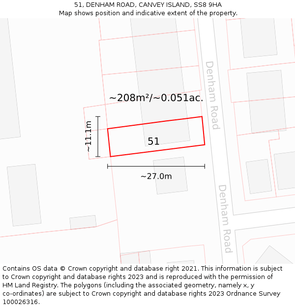 51, DENHAM ROAD, CANVEY ISLAND, SS8 9HA: Plot and title map