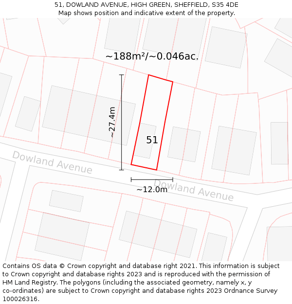51, DOWLAND AVENUE, HIGH GREEN, SHEFFIELD, S35 4DE: Plot and title map