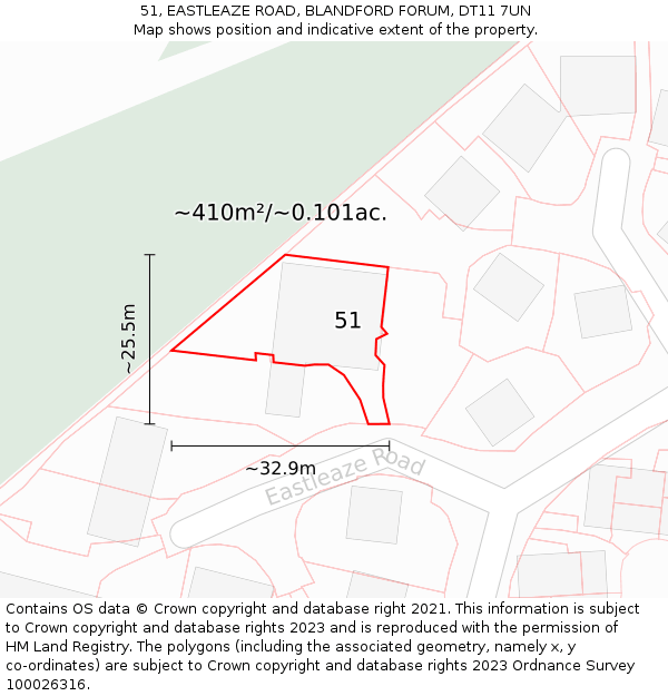 51, EASTLEAZE ROAD, BLANDFORD FORUM, DT11 7UN: Plot and title map