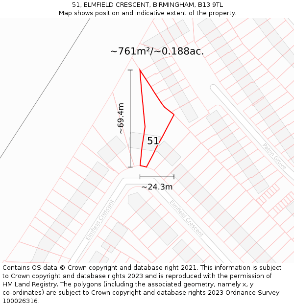 51, ELMFIELD CRESCENT, BIRMINGHAM, B13 9TL: Plot and title map