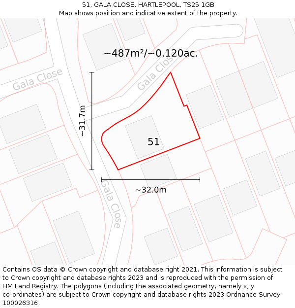 51, GALA CLOSE, HARTLEPOOL, TS25 1GB: Plot and title map