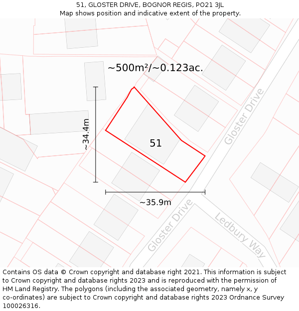 51, GLOSTER DRIVE, BOGNOR REGIS, PO21 3JL: Plot and title map