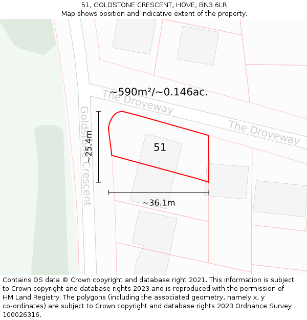 51, GOLDSTONE CRESCENT, HOVE, BN3 6LR: Plot and title map