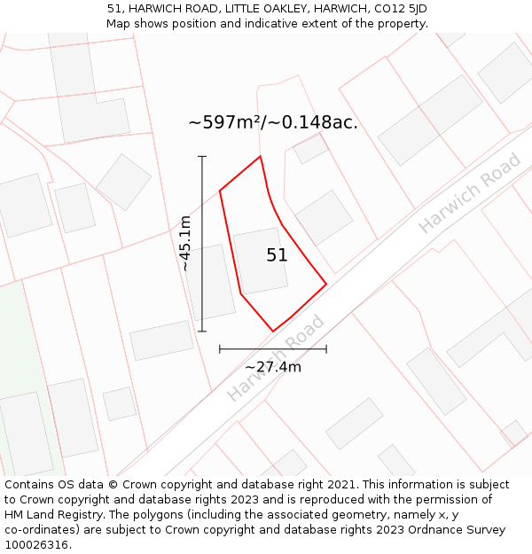 51, HARWICH ROAD, LITTLE OAKLEY, HARWICH, CO12 5JD: Plot and title map