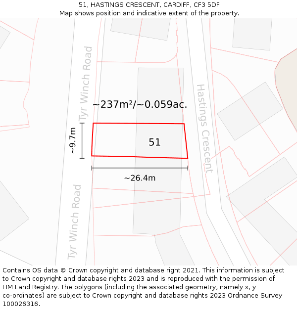 51, HASTINGS CRESCENT, CARDIFF, CF3 5DF: Plot and title map