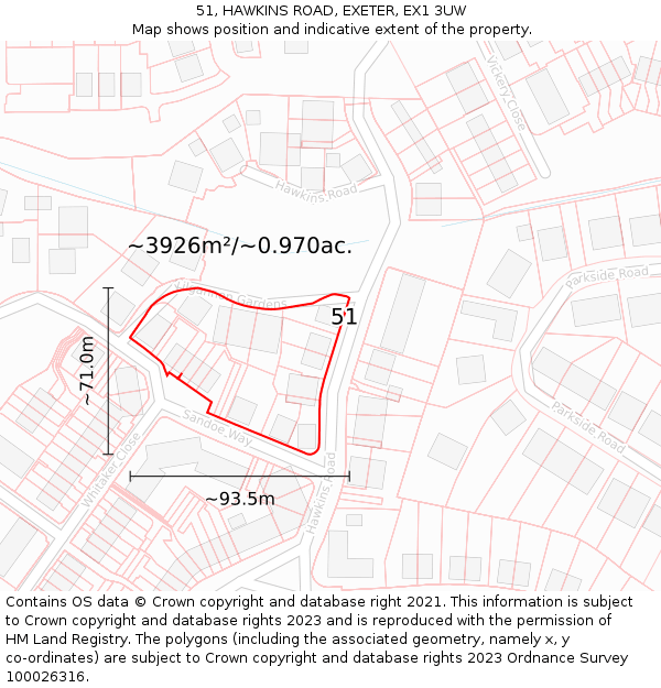 51, HAWKINS ROAD, EXETER, EX1 3UW: Plot and title map