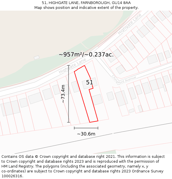 51, HIGHGATE LANE, FARNBOROUGH, GU14 8AA: Plot and title map