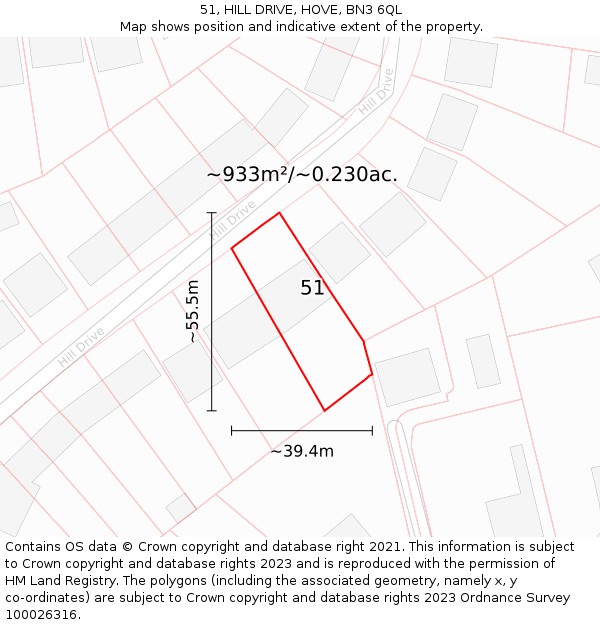 51, HILL DRIVE, HOVE, BN3 6QL: Plot and title map