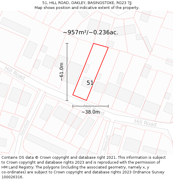 51, HILL ROAD, OAKLEY, BASINGSTOKE, RG23 7JJ: Plot and title map