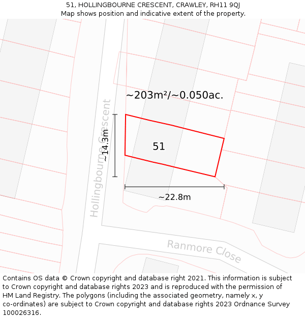 51, HOLLINGBOURNE CRESCENT, CRAWLEY, RH11 9QJ: Plot and title map