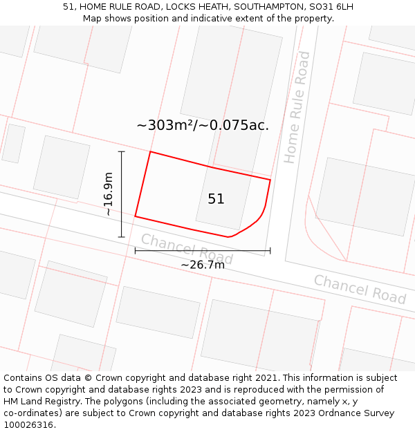 51, HOME RULE ROAD, LOCKS HEATH, SOUTHAMPTON, SO31 6LH: Plot and title map