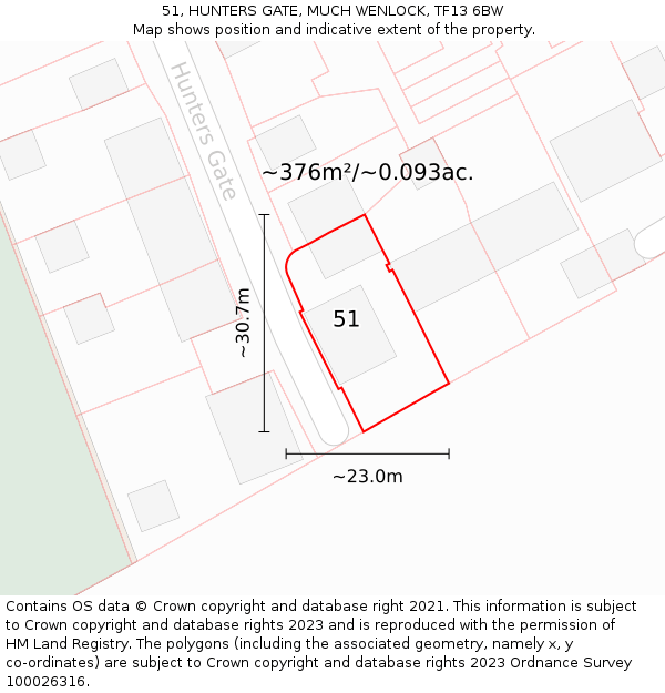 51, HUNTERS GATE, MUCH WENLOCK, TF13 6BW: Plot and title map