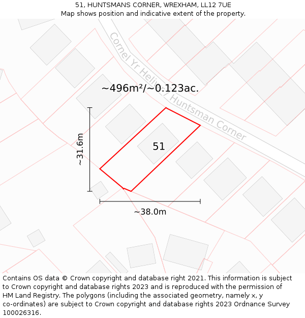 51, HUNTSMANS CORNER, WREXHAM, LL12 7UE: Plot and title map