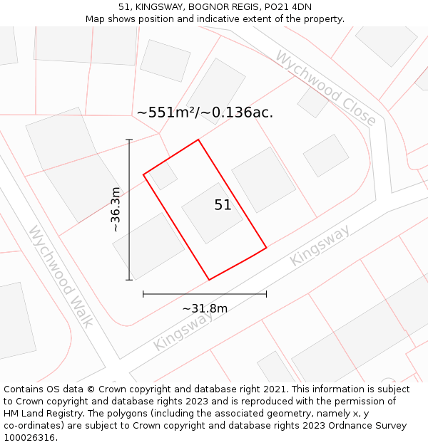 51, KINGSWAY, BOGNOR REGIS, PO21 4DN: Plot and title map