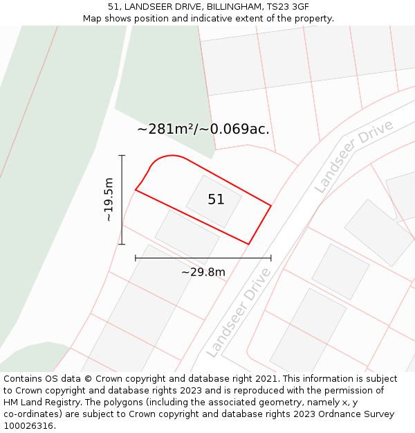 51, LANDSEER DRIVE, BILLINGHAM, TS23 3GF: Plot and title map