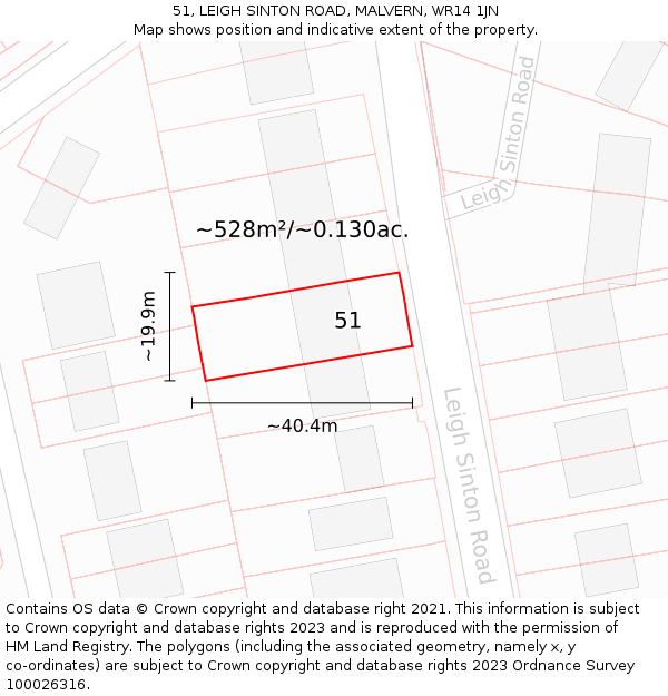 51, LEIGH SINTON ROAD, MALVERN, WR14 1JN: Plot and title map