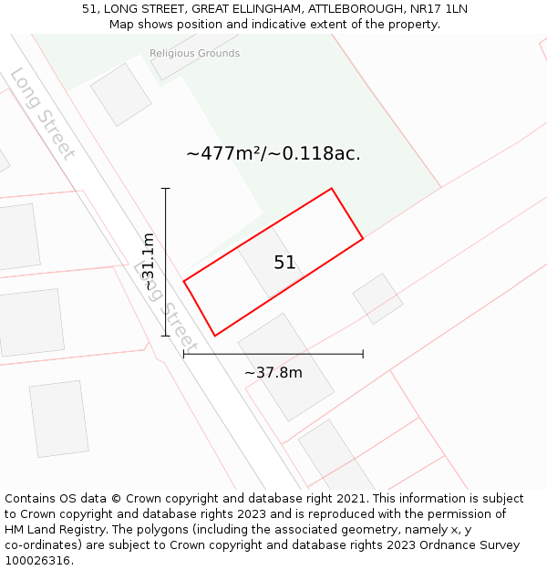 51, LONG STREET, GREAT ELLINGHAM, ATTLEBOROUGH, NR17 1LN: Plot and title map