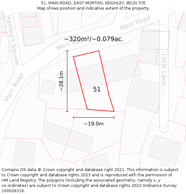 51, MAIN ROAD, EAST MORTON, KEIGHLEY, BD20 5TE: Plot and title map