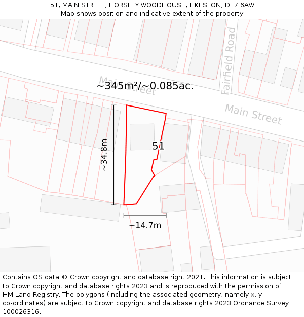 51, MAIN STREET, HORSLEY WOODHOUSE, ILKESTON, DE7 6AW: Plot and title map