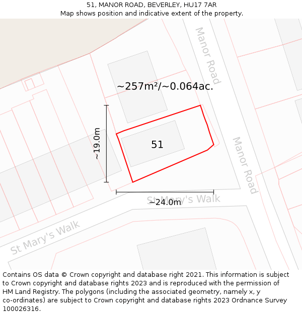 51, MANOR ROAD, BEVERLEY, HU17 7AR: Plot and title map