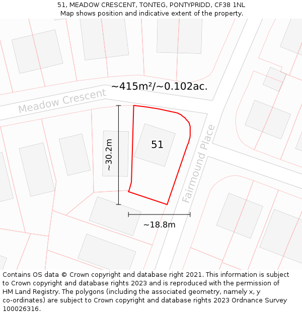 51, MEADOW CRESCENT, TONTEG, PONTYPRIDD, CF38 1NL: Plot and title map