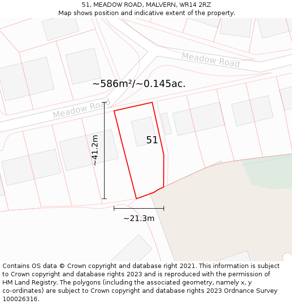 51, MEADOW ROAD, MALVERN, WR14 2RZ: Plot and title map
