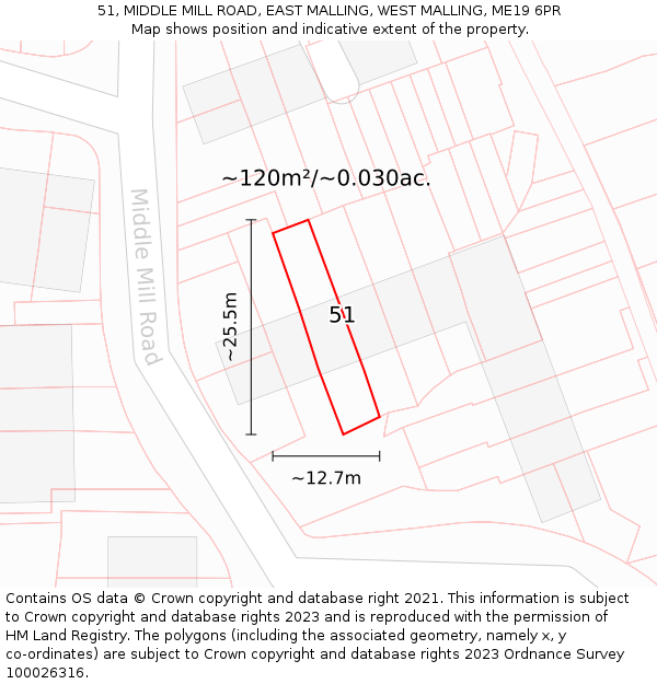 51, MIDDLE MILL ROAD, EAST MALLING, WEST MALLING, ME19 6PR: Plot and title map