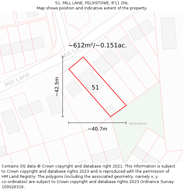 51, MILL LANE, FELIXSTOWE, IP11 2NL: Plot and title map