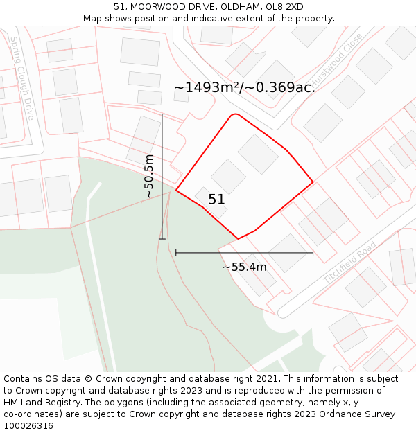 51, MOORWOOD DRIVE, OLDHAM, OL8 2XD: Plot and title map