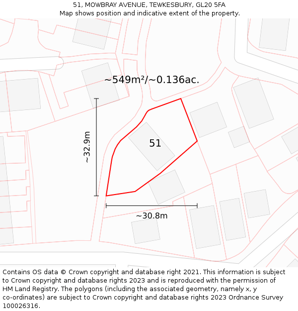 51, MOWBRAY AVENUE, TEWKESBURY, GL20 5FA: Plot and title map