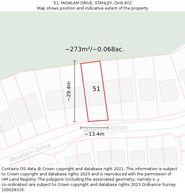 51, MOWLAM DRIVE, STANLEY, DH9 6YZ: Plot and title map
