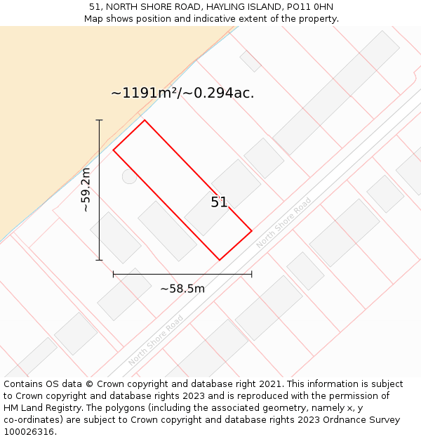 51, NORTH SHORE ROAD, HAYLING ISLAND, PO11 0HN: Plot and title map