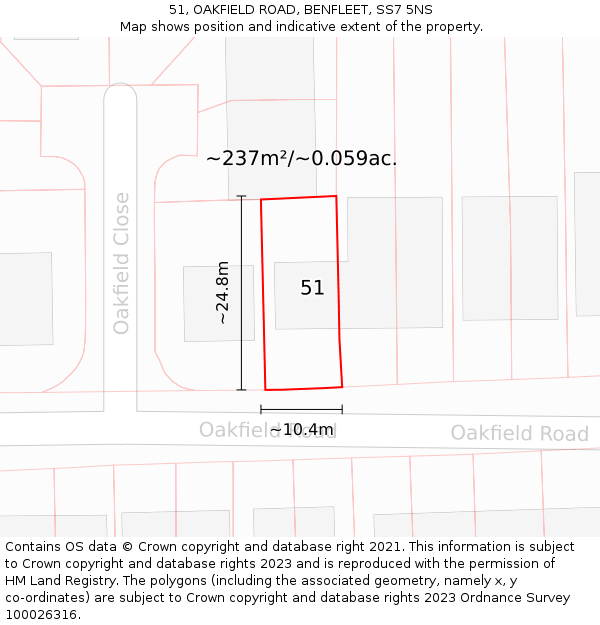 51, OAKFIELD ROAD, BENFLEET, SS7 5NS: Plot and title map