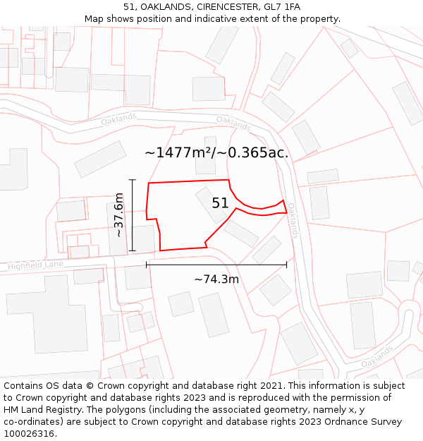 51, OAKLANDS, CIRENCESTER, GL7 1FA: Plot and title map