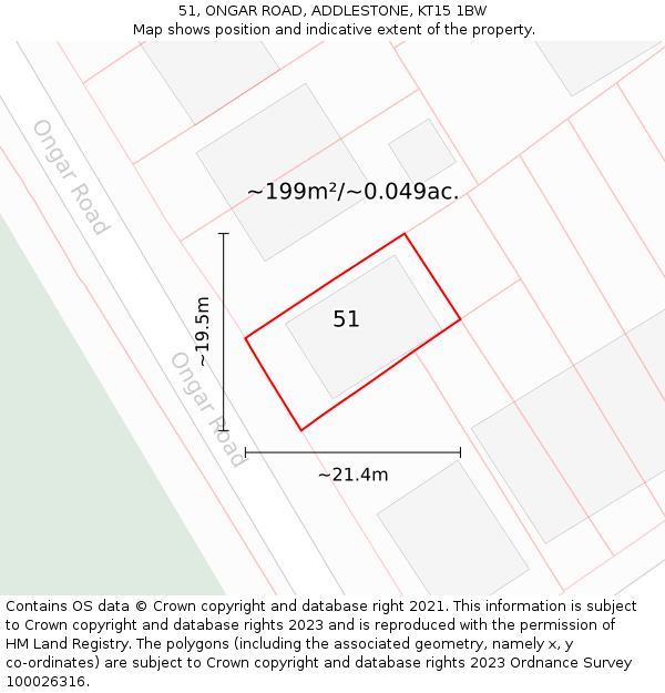 51, ONGAR ROAD, ADDLESTONE, KT15 1BW: Plot and title map