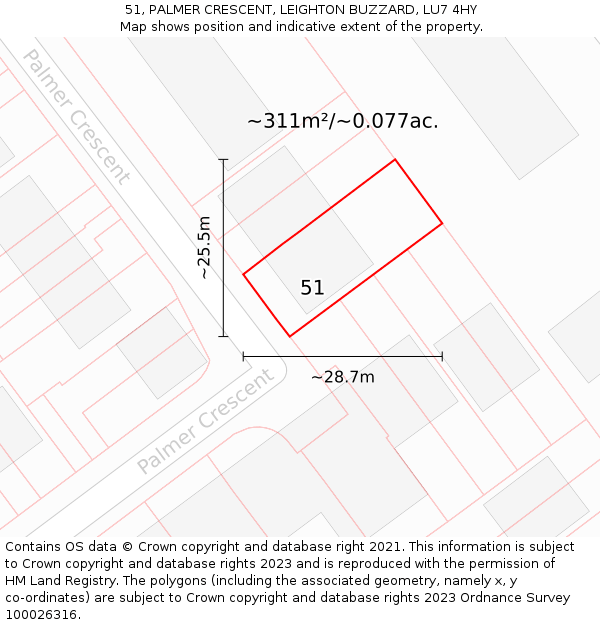 51, PALMER CRESCENT, LEIGHTON BUZZARD, LU7 4HY: Plot and title map