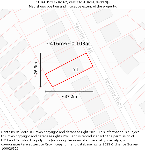 51, PAUNTLEY ROAD, CHRISTCHURCH, BH23 3JH: Plot and title map