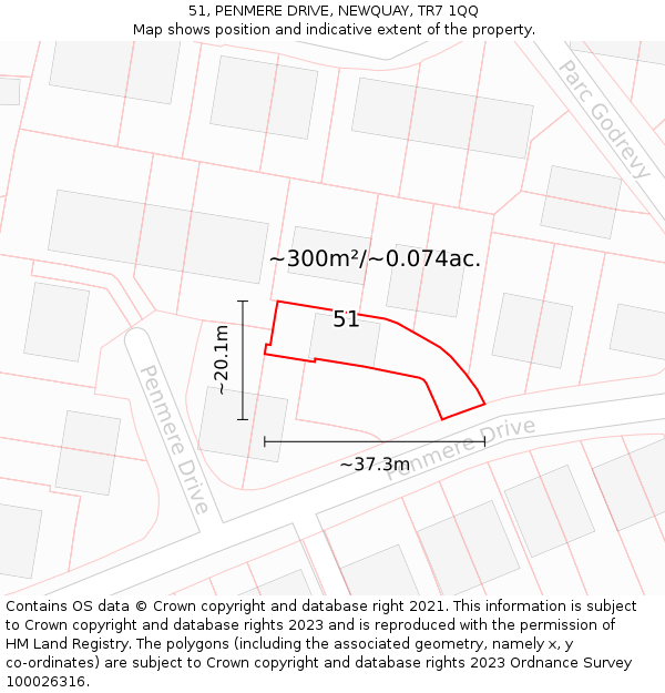 51, PENMERE DRIVE, NEWQUAY, TR7 1QQ: Plot and title map