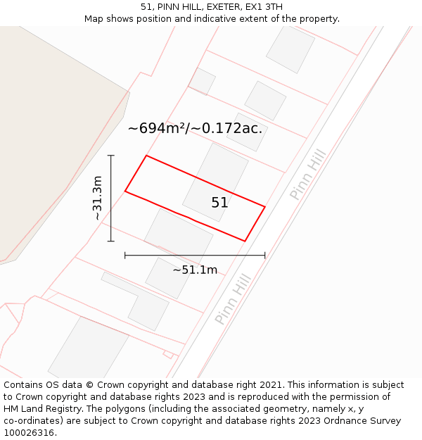 51, PINN HILL, EXETER, EX1 3TH: Plot and title map