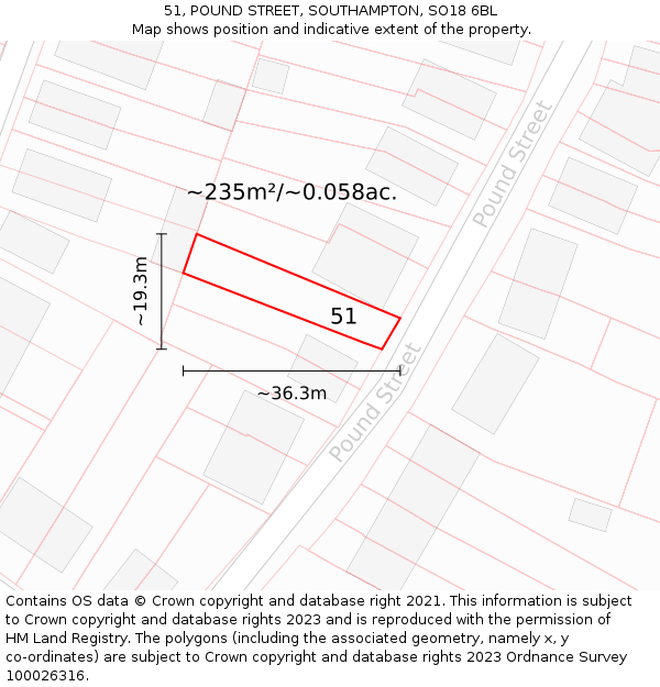 51, POUND STREET, SOUTHAMPTON, SO18 6BL: Plot and title map