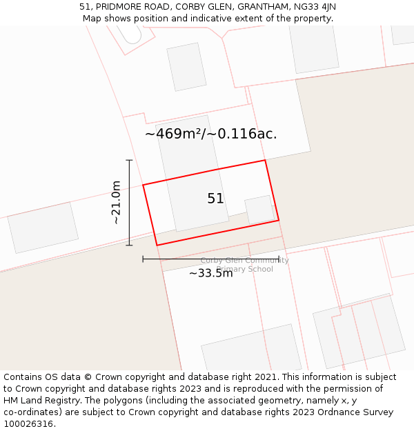 51, PRIDMORE ROAD, CORBY GLEN, GRANTHAM, NG33 4JN: Plot and title map