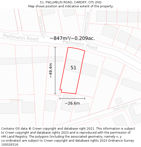 51, PWLLMELIN ROAD, CARDIFF, CF5 2NG: Plot and title map