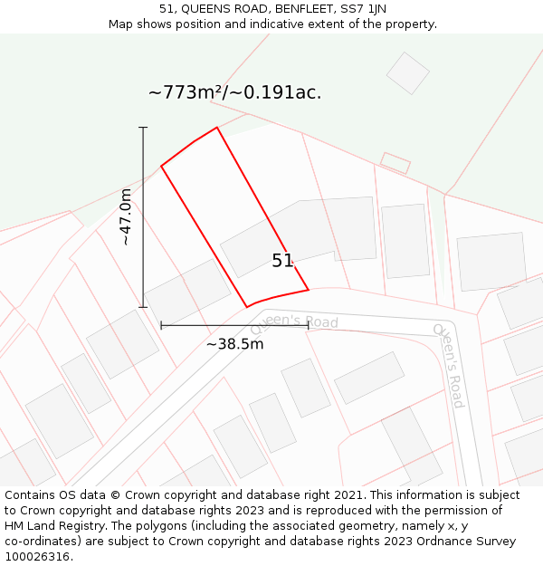 51, QUEENS ROAD, BENFLEET, SS7 1JN: Plot and title map