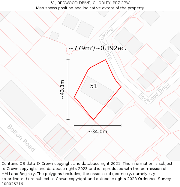 51, REDWOOD DRIVE, CHORLEY, PR7 3BW: Plot and title map