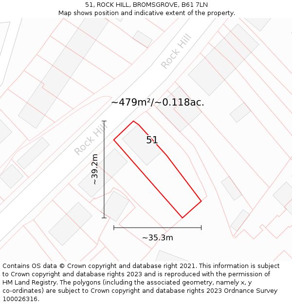 51, ROCK HILL, BROMSGROVE, B61 7LN: Plot and title map