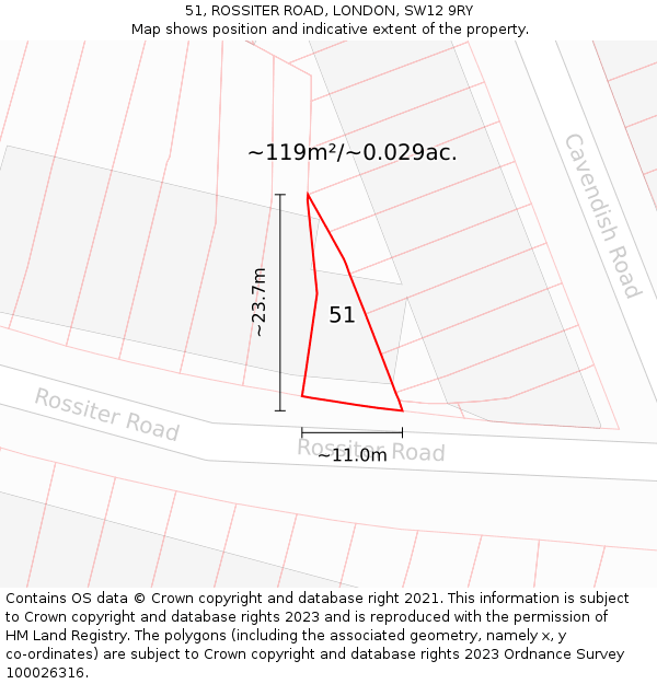 51, ROSSITER ROAD, LONDON, SW12 9RY: Plot and title map