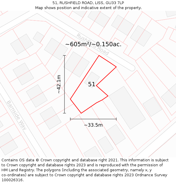 51, RUSHFIELD ROAD, LISS, GU33 7LP: Plot and title map