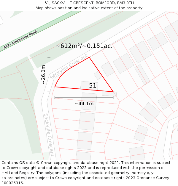 51, SACKVILLE CRESCENT, ROMFORD, RM3 0EH: Plot and title map