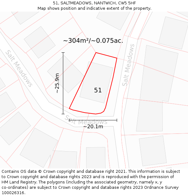 51, SALTMEADOWS, NANTWICH, CW5 5HF: Plot and title map