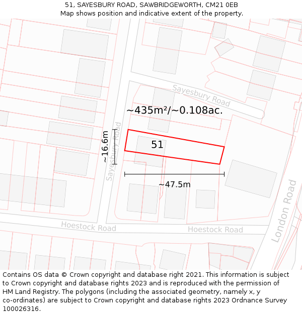 51, SAYESBURY ROAD, SAWBRIDGEWORTH, CM21 0EB: Plot and title map